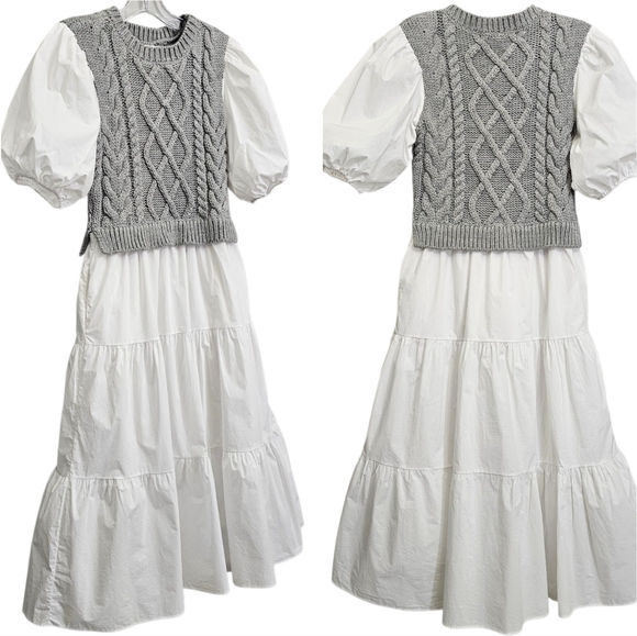 Anthropologie English Factory Wht/Gray Cable Knit Puff Sleeve Tier Ruffle Dress - Picture 3 of 17